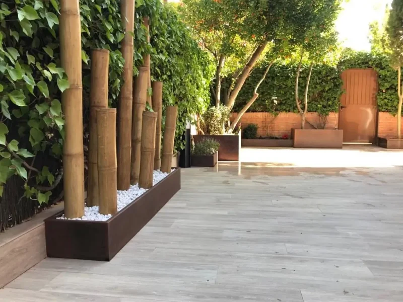 Maceteros de acero cortén para árboles en el interior de una casa